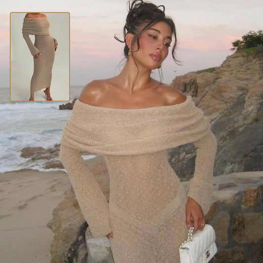 One-shoulder Knitted Long-sleeved Dress. Sexy Beach Holiday Long Dresses Womens Clothing