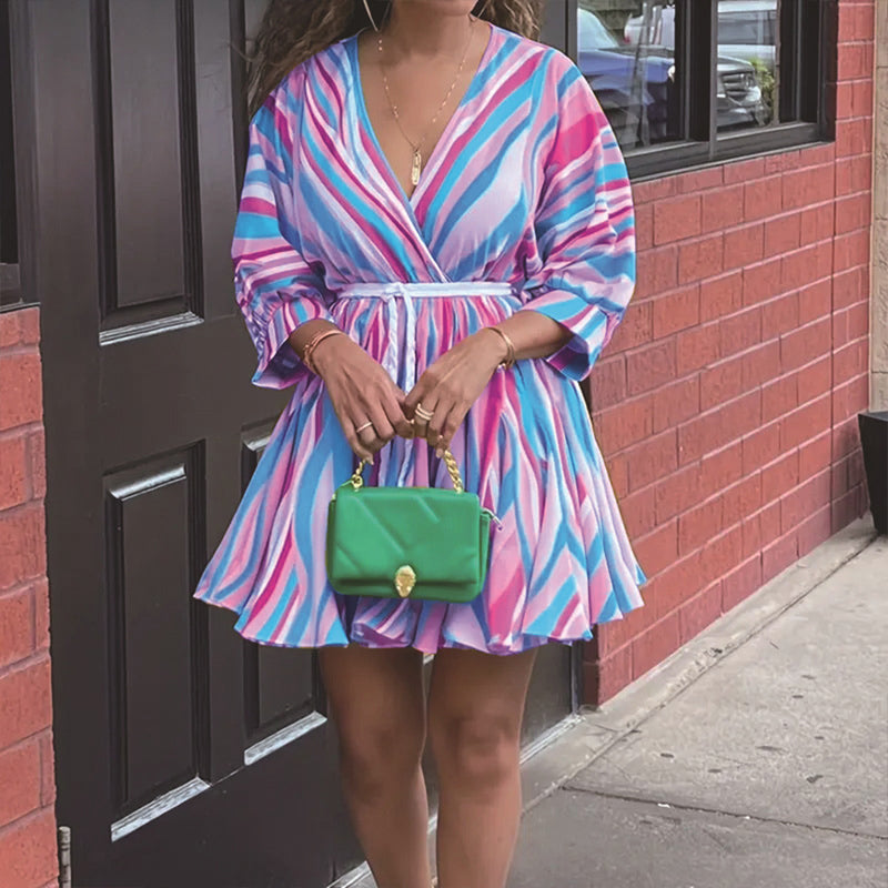 Women's V-Neck Rainbow Stripe Short Dress. Three Quarters Sleeve Casual Summer Sundress With Tie Waist