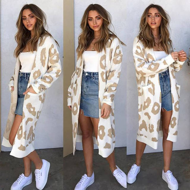 Women's Leopard Knitted Long Sleeve Cardigan Sweater