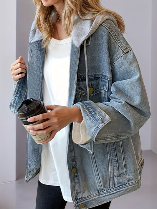 Women's Hooded Denim Jacket. Oversized Retro Elastic And Loose coat, Comfortable And Lightweight