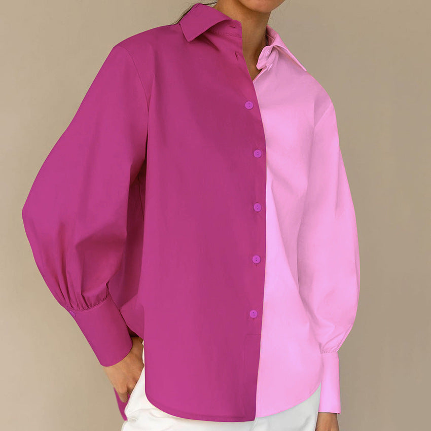Temperament Commuter Long-sleeved Simple Niche Design Sense Stitching Contrast Color Ladies Shirt