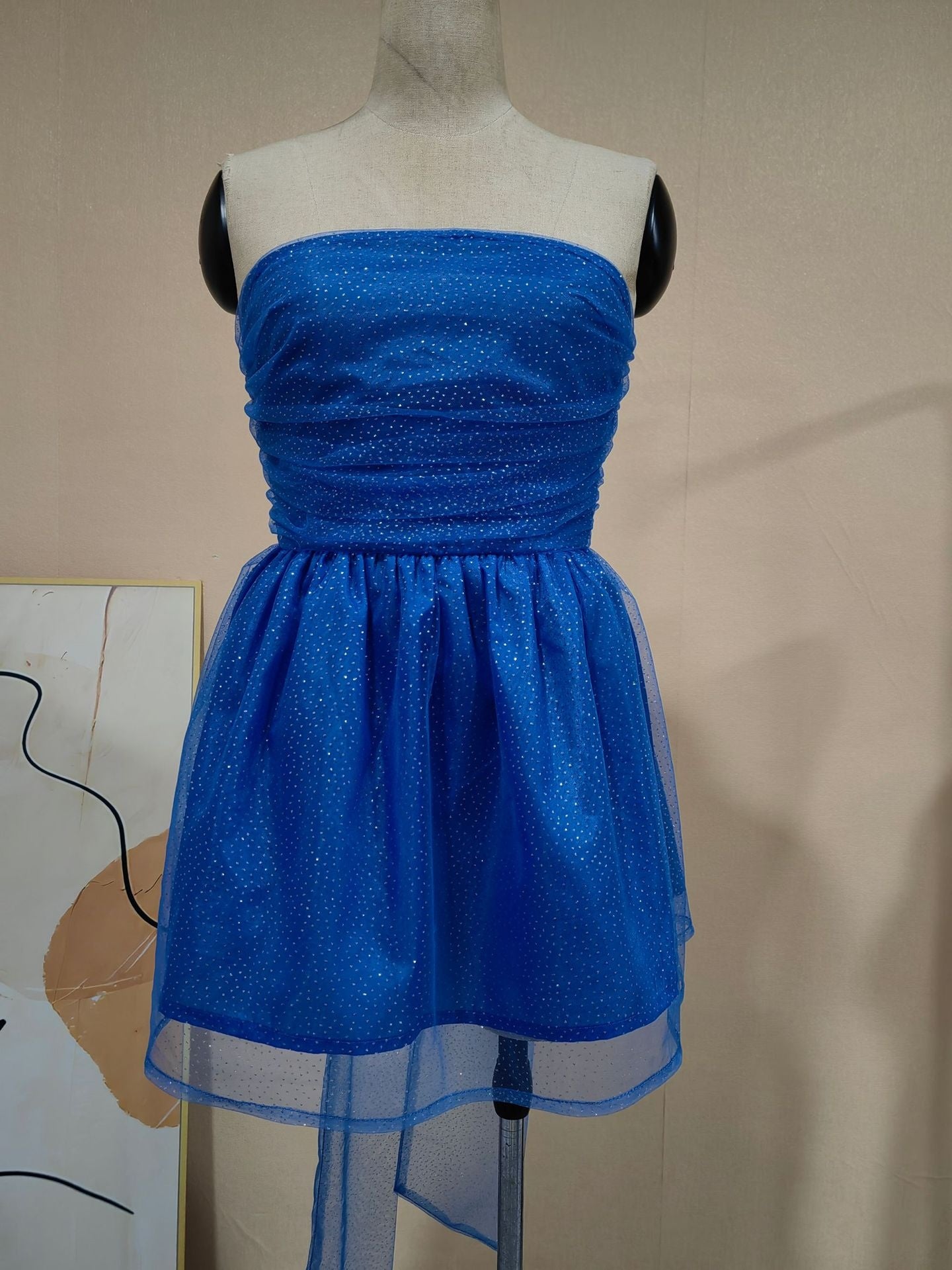 Tube Top Lace Dress With Back Bow-knot. Summer Fashion Temperament Mesh Stitching Off-neck Short Skirt