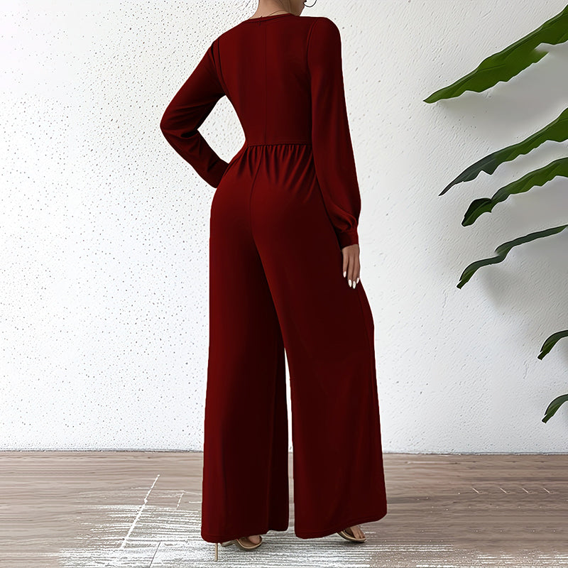 Elegant Jumpsuit With Cross V-Neck & Long Sleeve. Solid Color Belted Wide Leg Pantsuit For Office And Formal