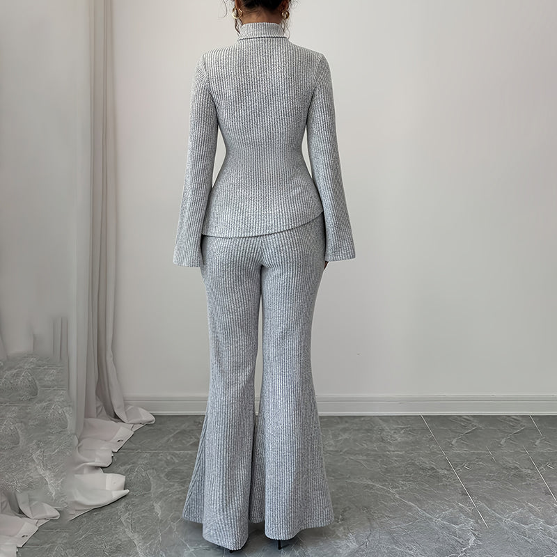 Womens 2 Piece Outfits. Turtleneck Matching Lounge Set, Flare Sleeve Asymmetrical Top & Wide Leg Pants