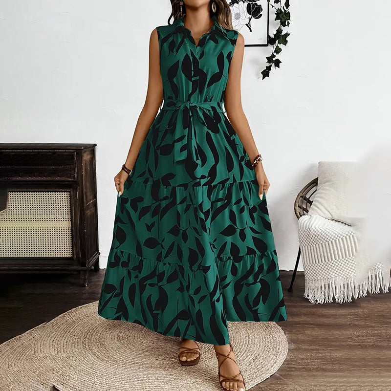Women Sleeveless Boho Floral Maxi Dress. Summer V Neck Flowy Belted Beach Vacation Dresses