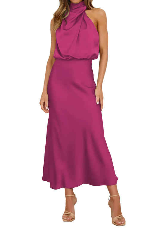 Satin Maxi Elegant Sleeveless Dress. High Neckline Party Summer Dresses, Silk Long Formal Dresses for women