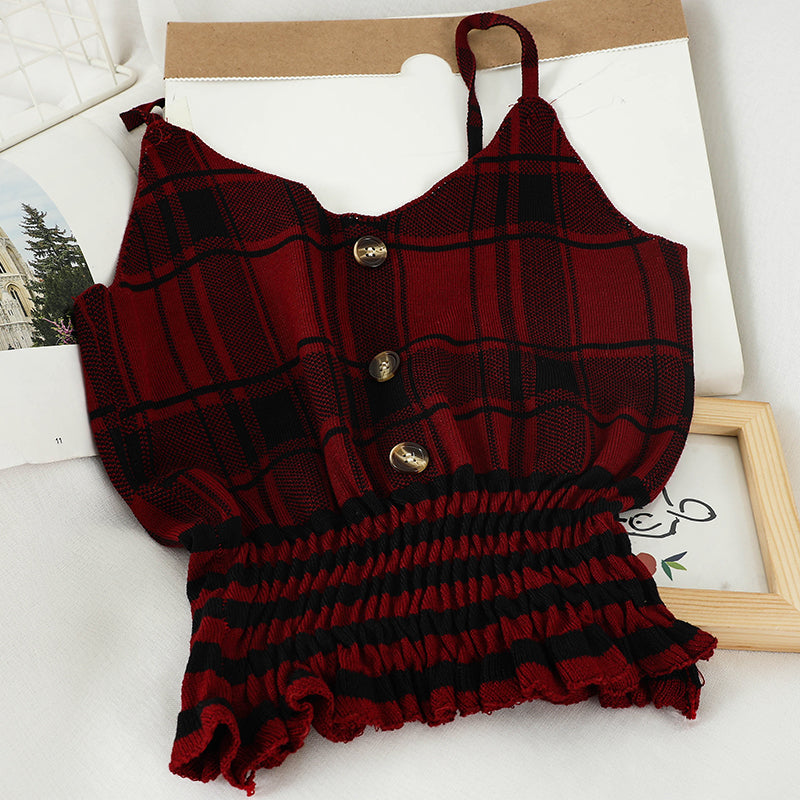 P601 Ruffled Hem Checkered Summer Knit Tank Top
