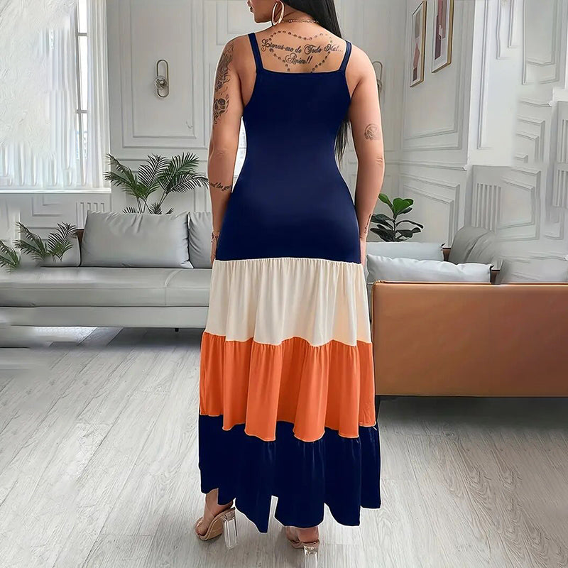 Women's Summer Casual Sleeveless Dress. V Neck Color Block Spaghetti Strap Maxi Long Dress