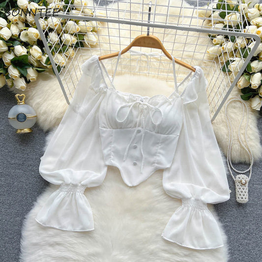 Aesthetic White Blouses for Women - Vintage Casual Tops