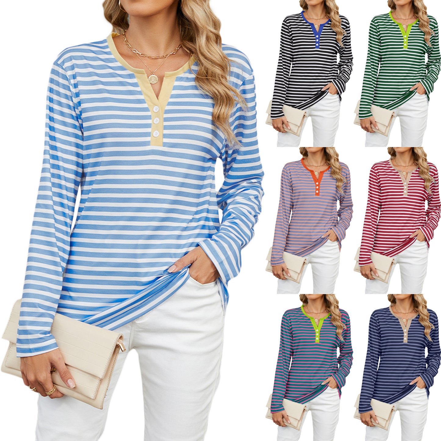 Women's V-neck Striped Loose Long-sleeved T-shirt Tops