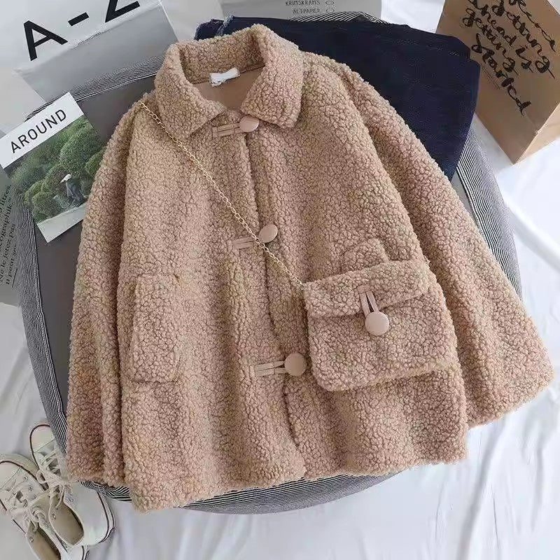 Thick loose lamb Wool Coat. Female Fleece-lined jacket