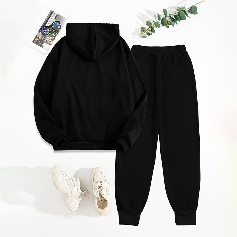 Solid 2-Piece Letter Print Hoodie With Pocket & Drawstring Jogger Pants, Casual Tracksuit for women