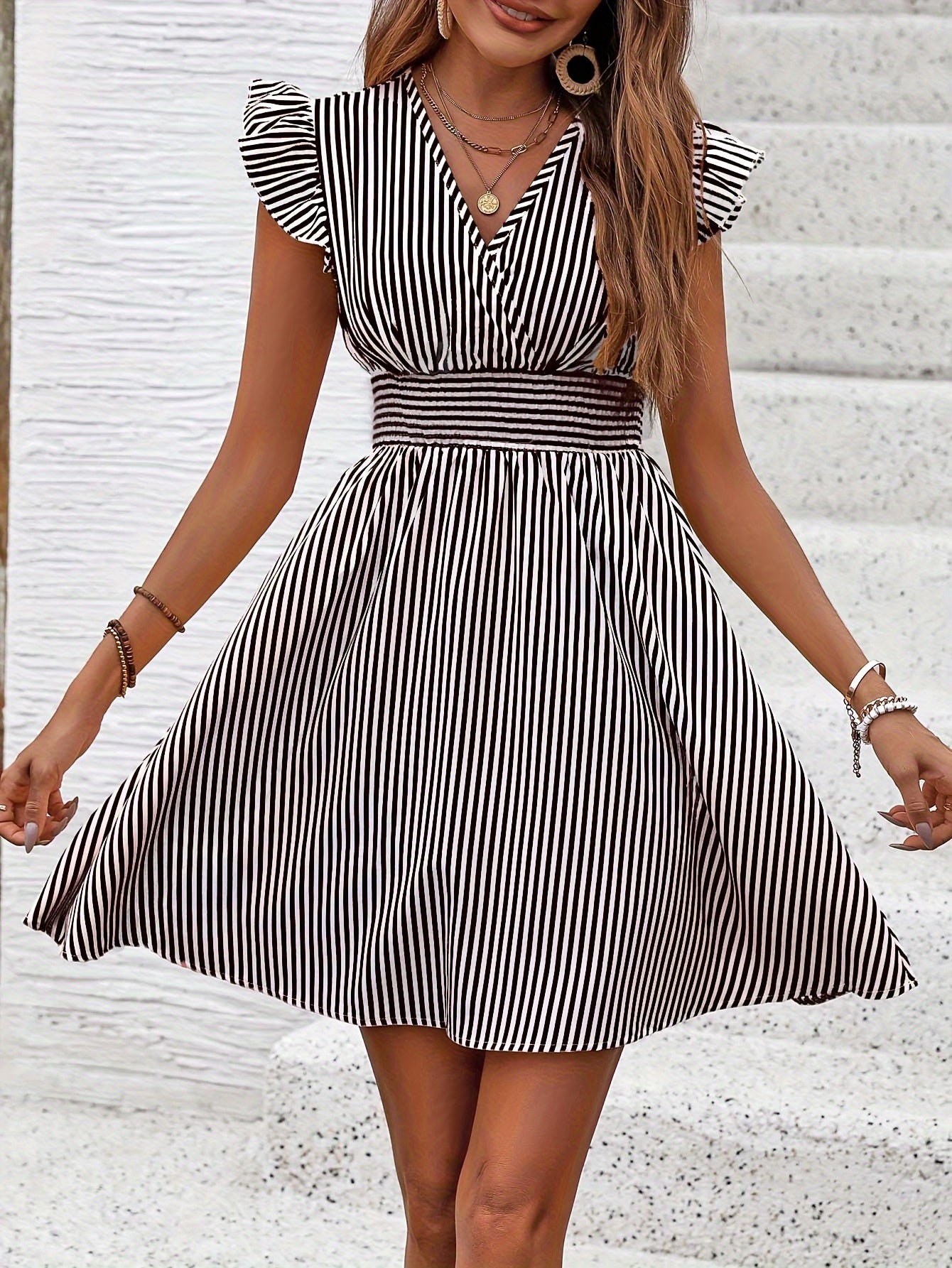 Women's Mini Dress. V Neck Flutter Sleeve Striped dress, Smocked Waist A Line Short Summer Dress