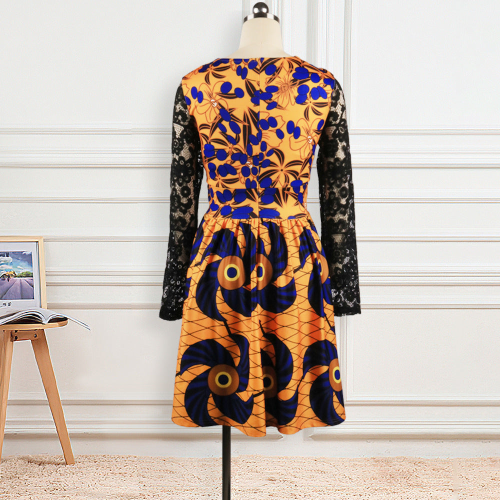 Autumn Women's Dress with Lace and Ruffle Details