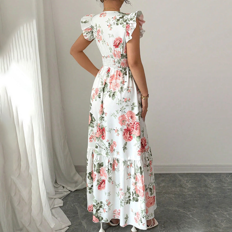 Womens Casual Summer Maxi Dress. Flutter Short Sleeve V Neck Smocked dress, A Line Flowy Beach Vacation Long Dresses