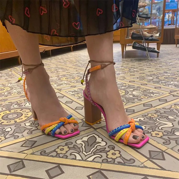 Plus Size Women's Heels with Colorful Straps and Block Heels