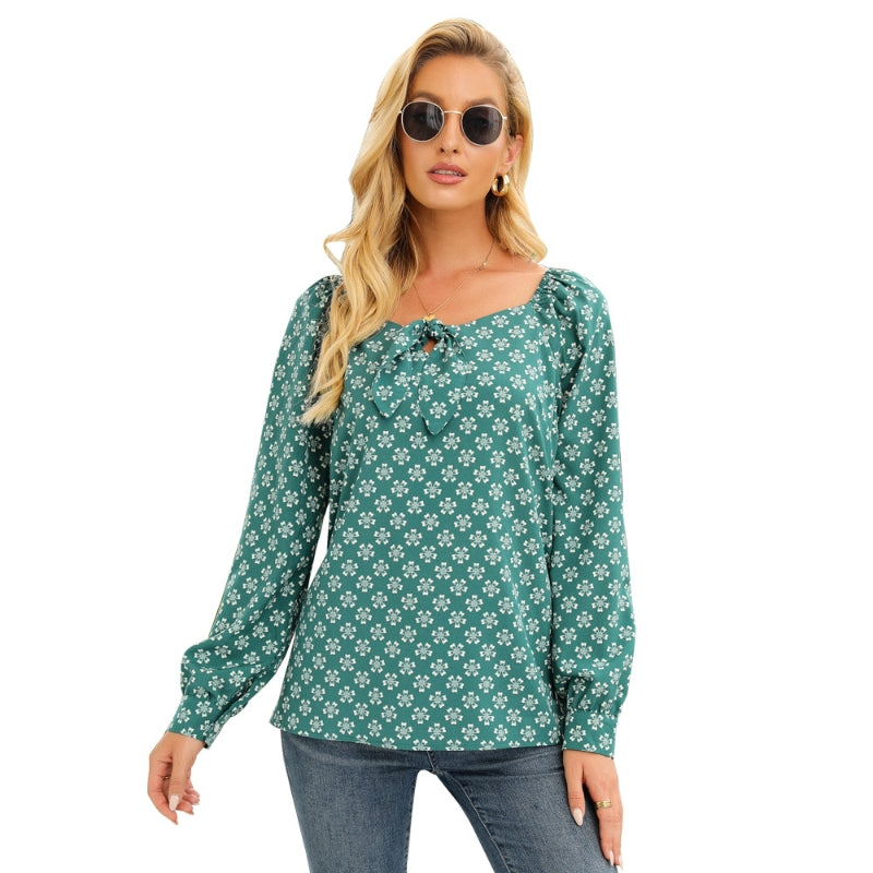 Women's Round Neck Strappy Long-Sleeved Printed Tops