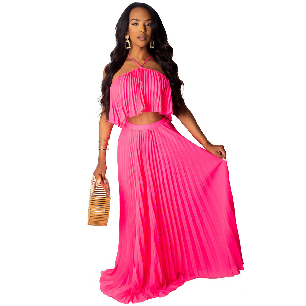 Chic Chiffon Ruched Two-Piece Dress Set in Stock