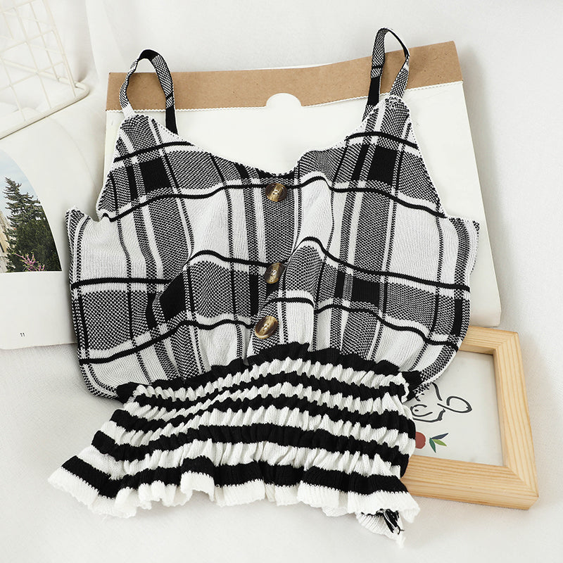P601 Ruffled Hem Checkered Summer Knit Tank Top