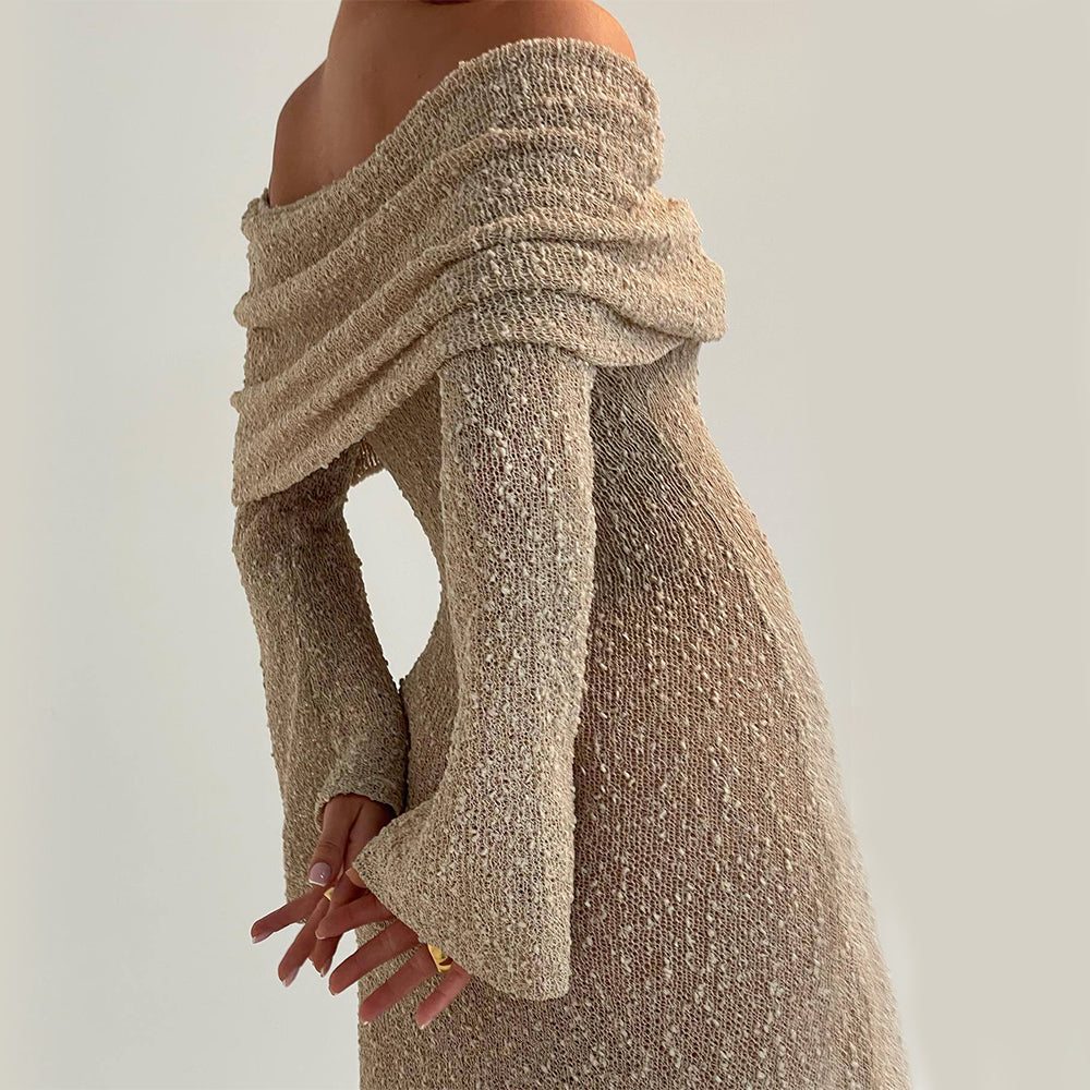 One-shoulder Knitted Long-sleeved Dress. Sexy Beach Holiday Long Dresses Womens Clothing