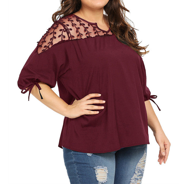 Plus Size Sheer Lace Chiffon Blouses with Ribbons