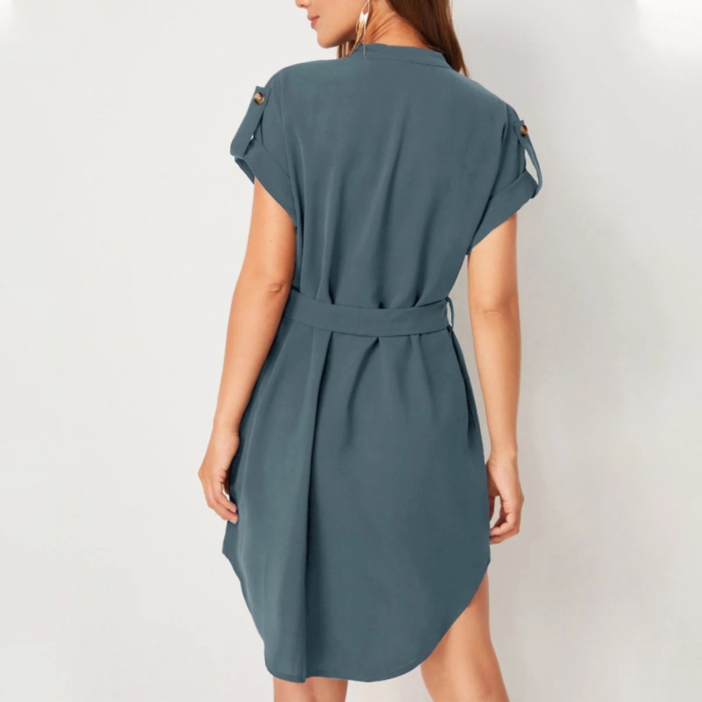 V-neck Short Sleeve Dress With Belt. Summer Fashion Bowknot Dresses For Women Clothing