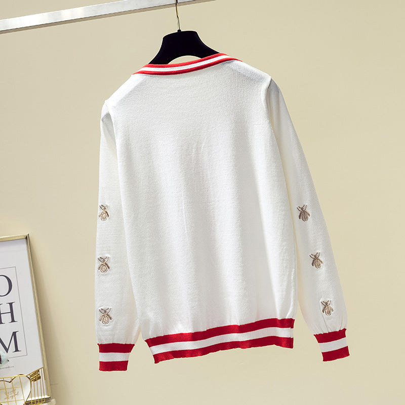 Women's Bee Embroidery Contrast Knit Cardigan Sweater