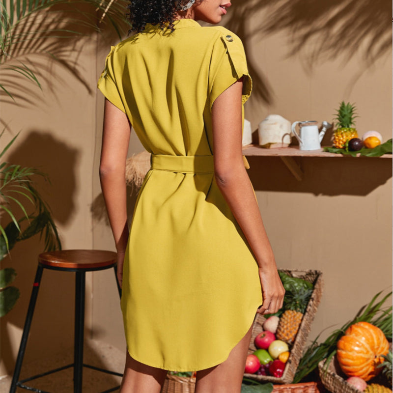 V-neck Short Sleeve Dress With Belt. Summer Fashion Bowknot Dresses For Women Clothing
