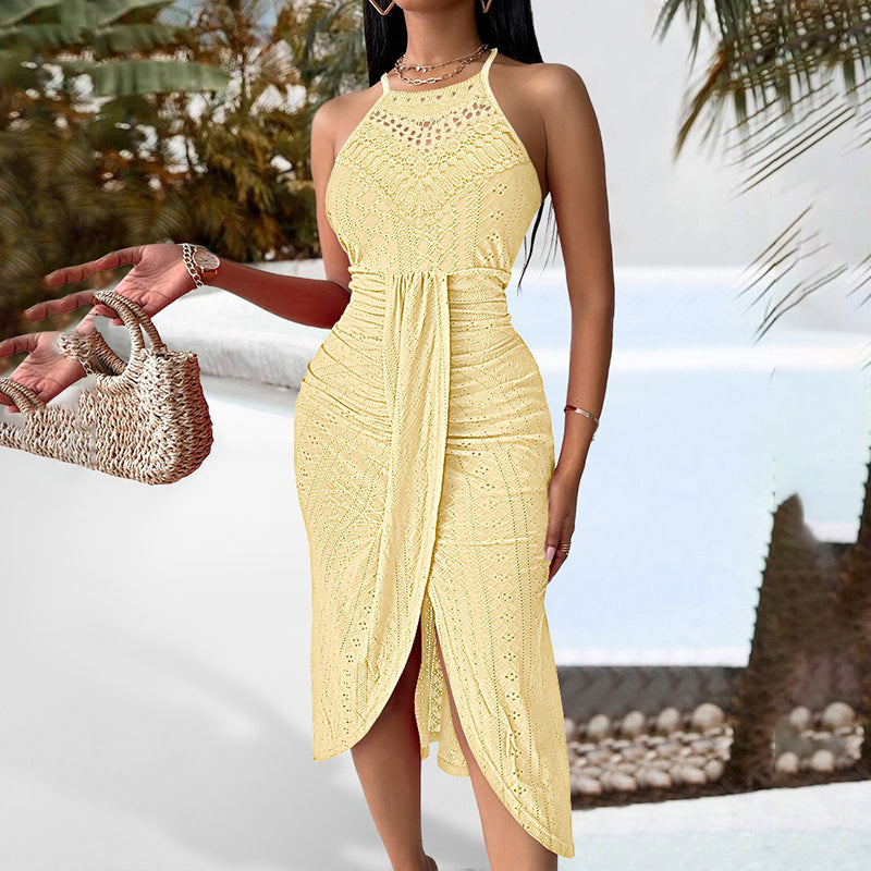 Women's Sexy Halter Neck Ruched Bodycon Midi Dresses. Elegant Sleeveless Cocktail Party Dress