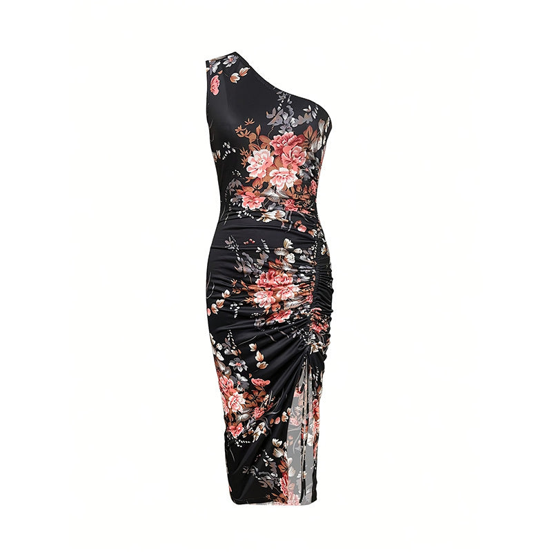 Women's One Shoulder Bodycon Dresses. Ruched High Split Floral Beach Cocktail Dresses.