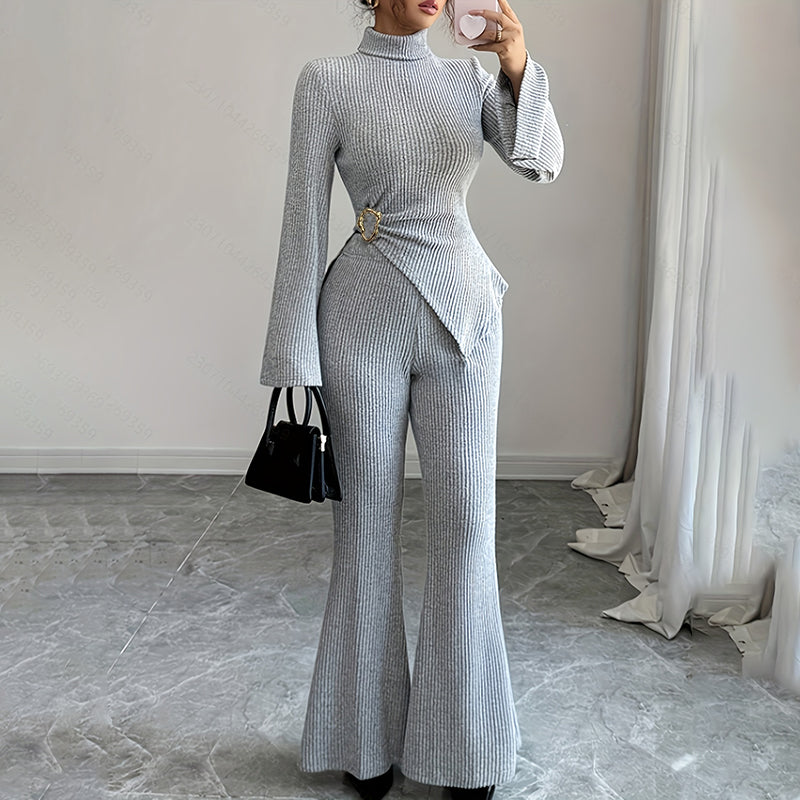 Womens 2 Piece Outfits. Turtleneck Matching Lounge Set, Flare Sleeve Asymmetrical Top & Wide Leg Pants