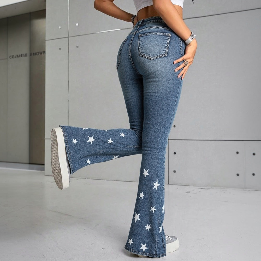 High Waisted Star Patchwork Flare Pants. 4th Of July Outfits For Women, Bell Bottom Denim Pants, Slim Fit Curve Enhancing Soft Stretch Fabric