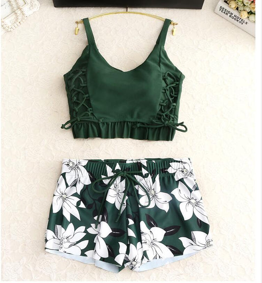 Retro Green Women's Three-Piece Swimsuit Set