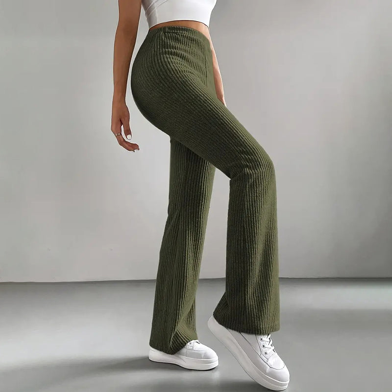 Women's Solid Color Rib-Knit Jogger Pants, Casual Stretch Pull-On Trousers For Spring And Fall