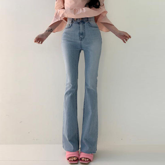 Spring Versatile High Waist Slimming Two-button Double Pocket. Slightly Flared Jeans Trousers