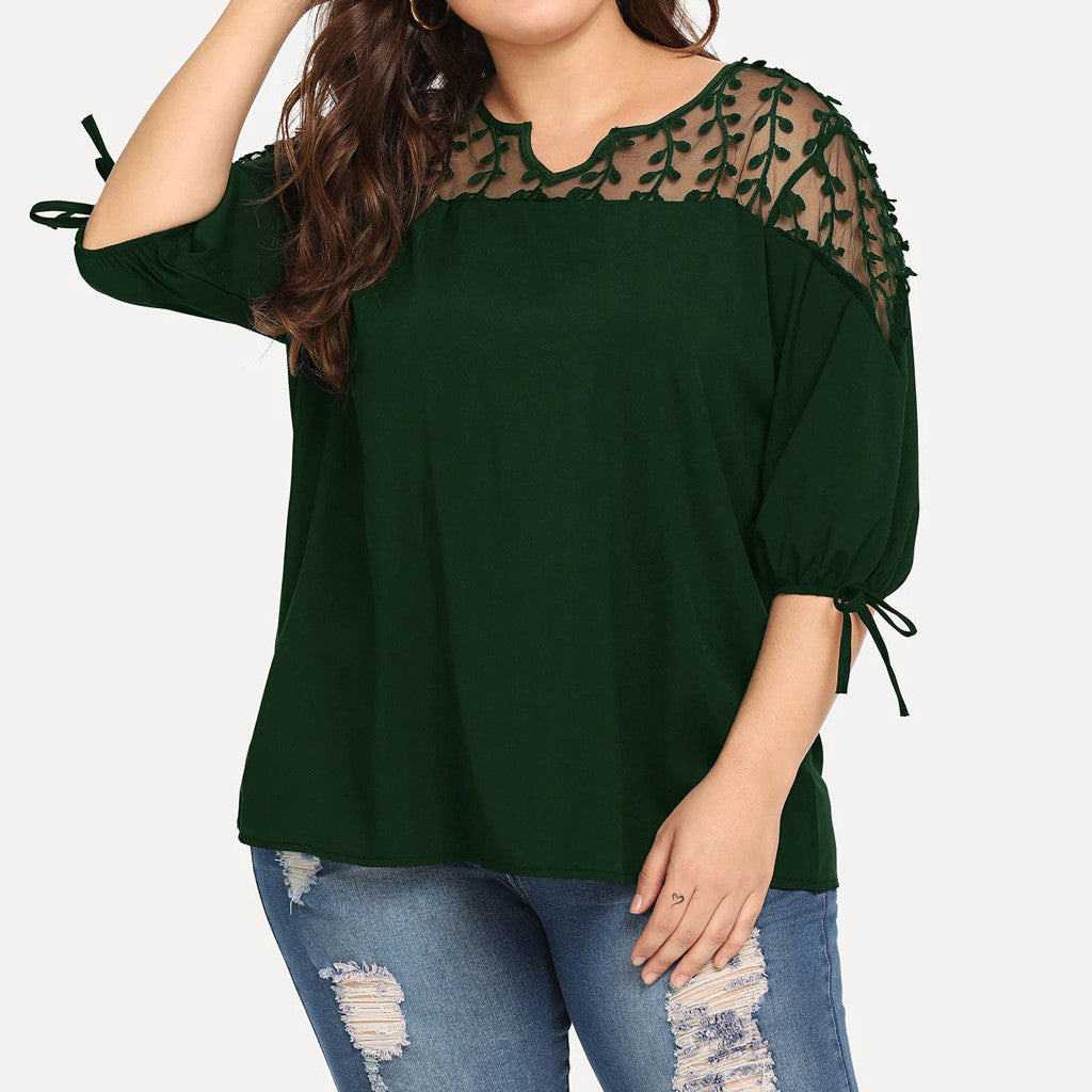 Plus Size Sheer Lace Chiffon Blouses with Ribbons