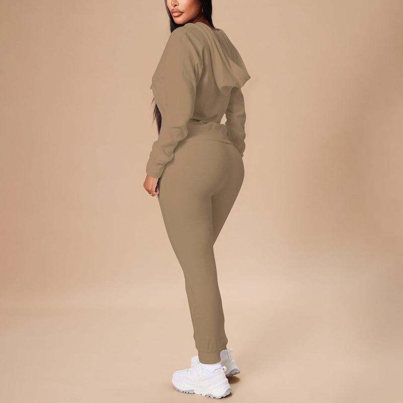 2-piece Zip Pocket Drawstring Hooded Crop Top & Slim Fit Pocket Pants - Ribbed Detail Casual Outfit for women