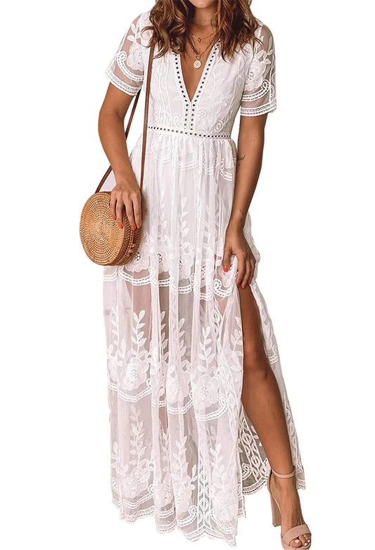 V Neck White Floral Embroidered Dress. Lace Maxi Boho Short Sleeve Slit Evening Party Dresses