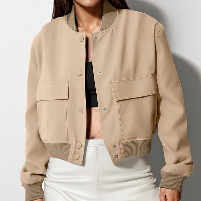 Fashion Button Stand-collar Jacket With Big Pockets. Casual Loose Short Outwear Tops Coat For Women