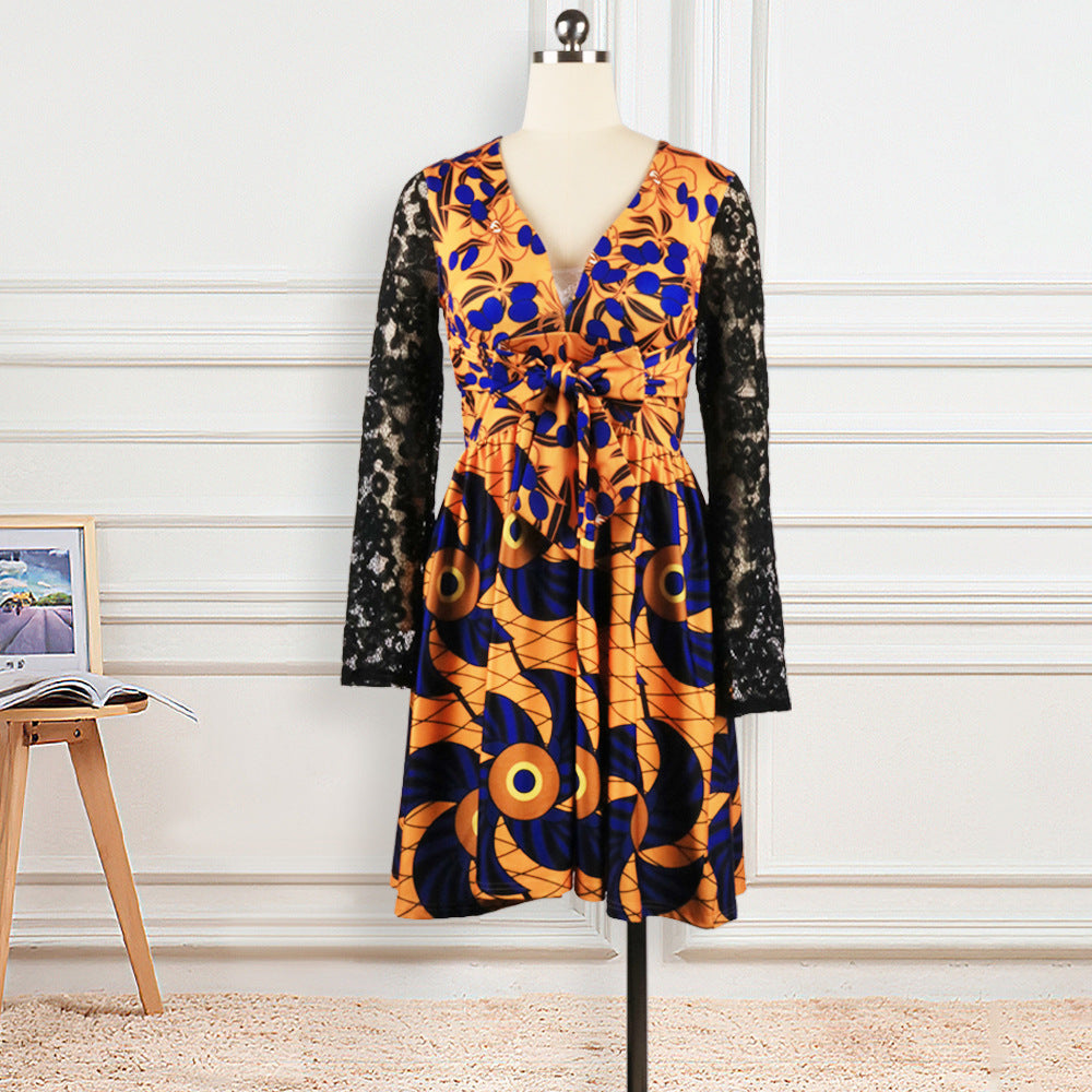 Autumn Women's Dress with Lace and Ruffle Details