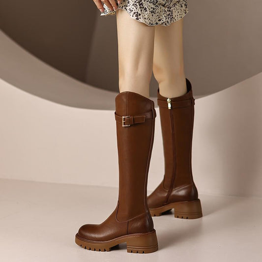 Leather High Heel Knee Boots. British Style Round Toe Chunky