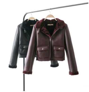 Women's Short Leather Jacket, Thick Plush PU Coat