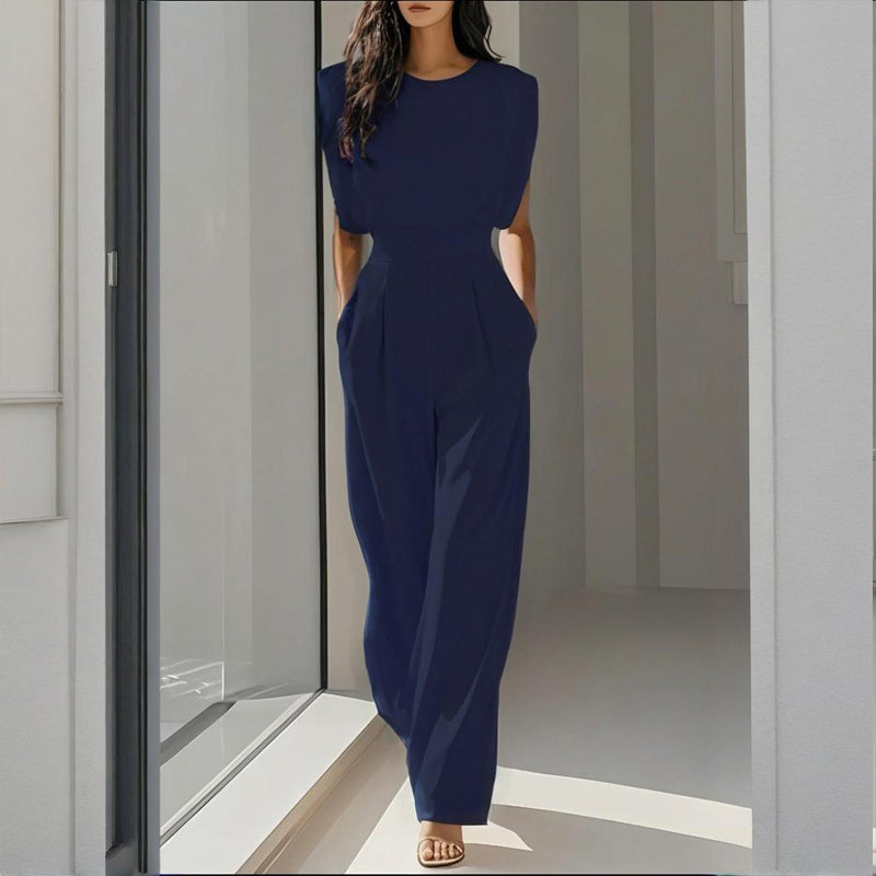 Women's Solid Color Round Neck Jumpsuits. Short Sleeve Wide-Leg, Waist Design & Pockets Casual Romper For Spring & Summer