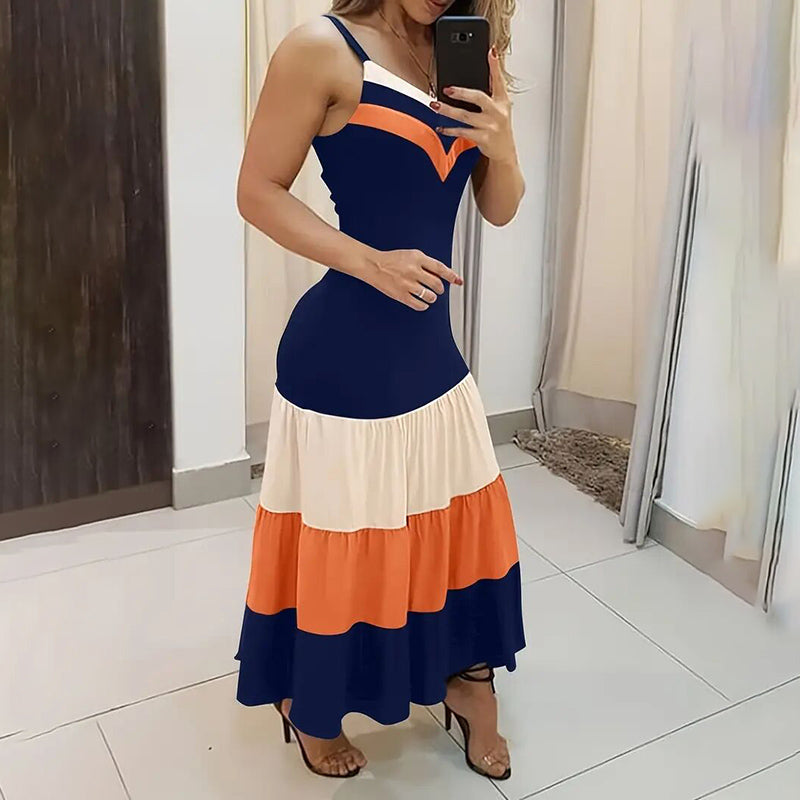 Women's Summer Casual Sleeveless Dress. V Neck Color Block Spaghetti Strap Maxi Long Dress