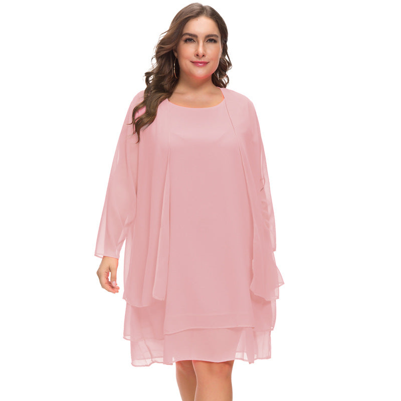 Plus Size Women's Chiffon Long-sleeved 2-piece Dress