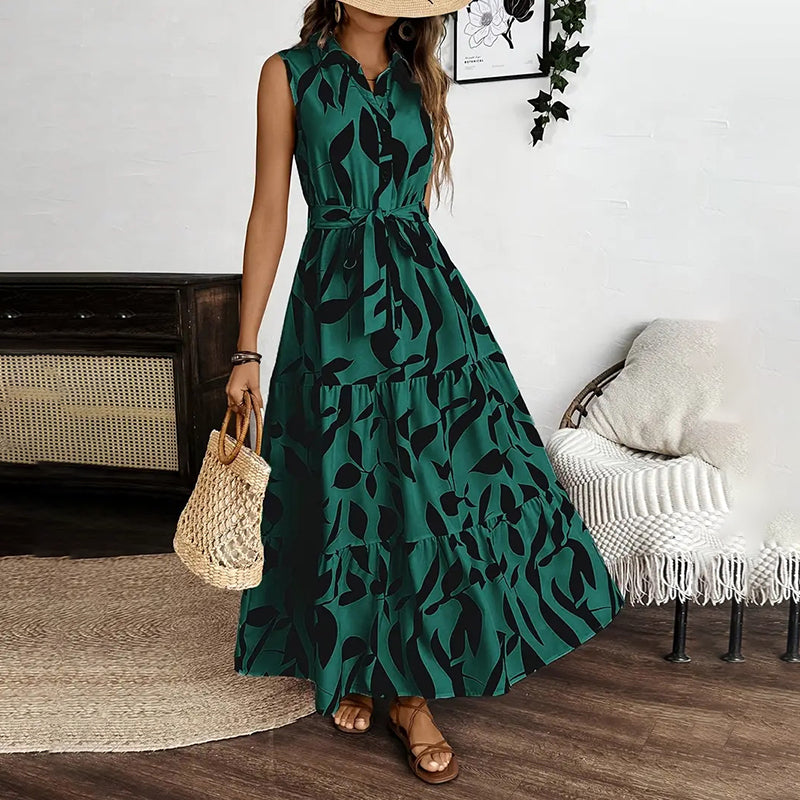 Women Sleeveless Boho Floral Maxi Dress. Summer V Neck Flowy Belted Beach Vacation Dresses