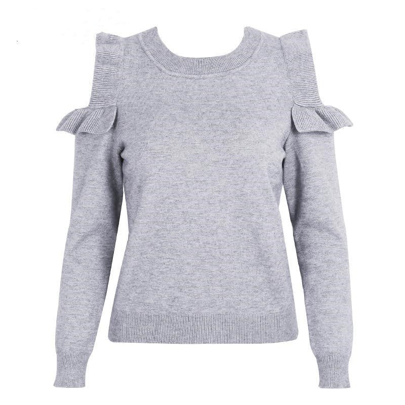 Off-Shoulder Ruffled Knit Sweater