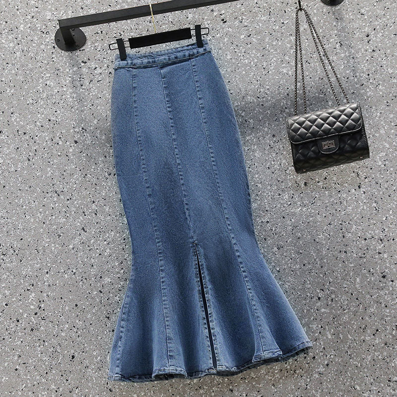 Ruffled High-Waist Denim Midi Skirt