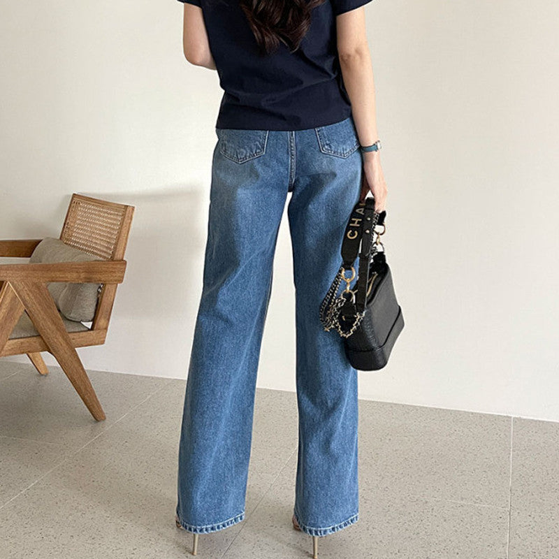Korean Style Rolled-up Casual Jeans. High Waist Slim Straight Leg Pants Women
