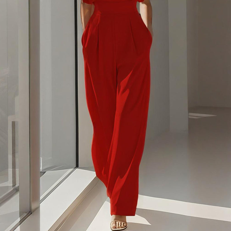 Women's Solid Color Round Neck Jumpsuits. Short Sleeve Wide-Leg, Waist Design & Pockets Casual Romper For Spring & Summer